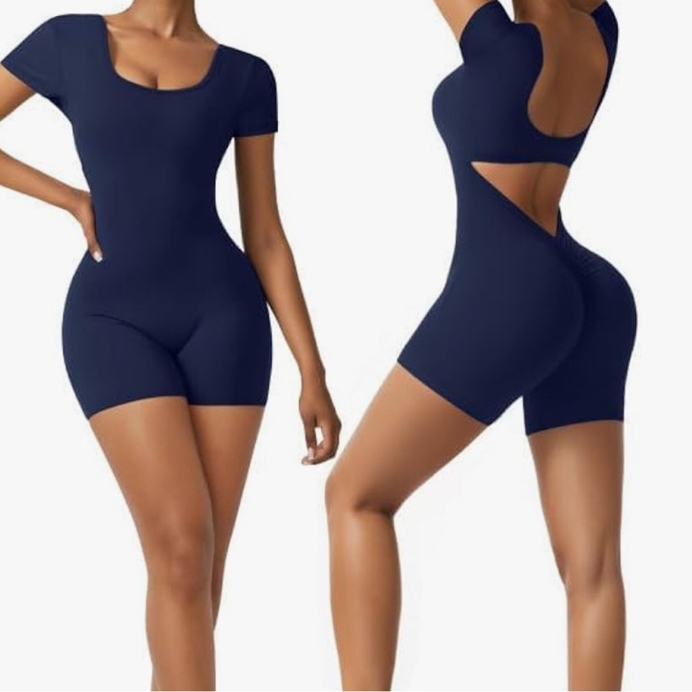 Amazon Navy Blue Short Sleeve Cutout Romper Jumpsuit